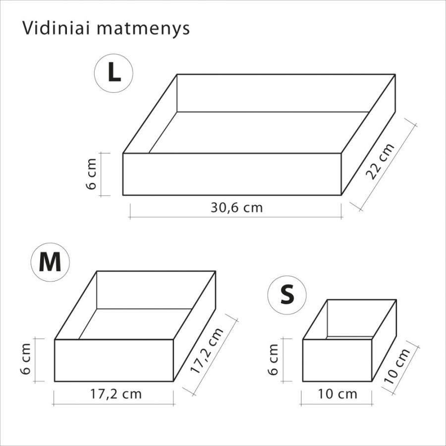 Dėžutė / pakuotė: L, M, S dydžių dėžučių schemos su išmatavimais